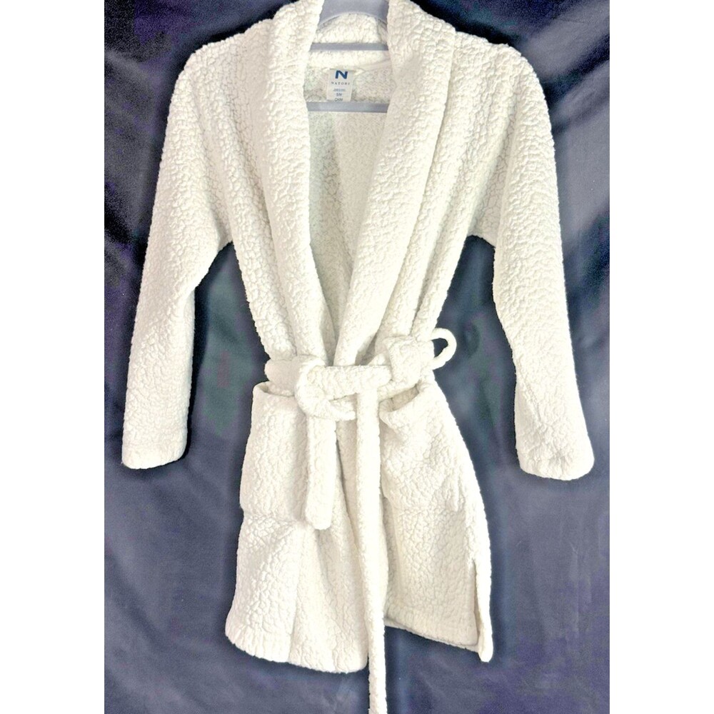 NATORI Ivory Sherpa Fleece Short Belted Plush Lounge Cardigan Robe S/M